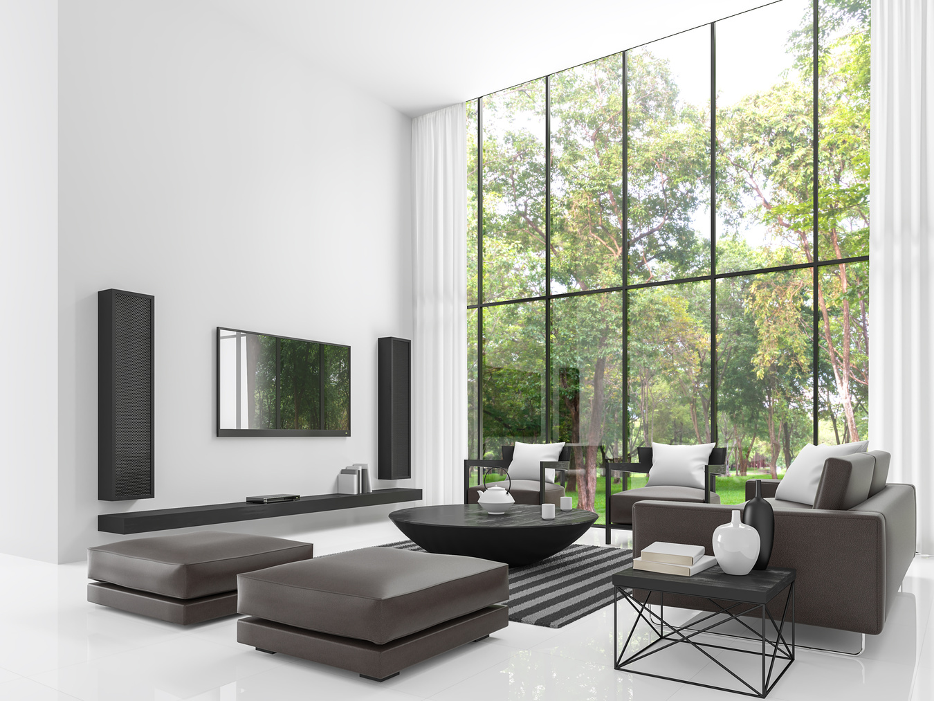 Modern white living room with black furniture 3d render